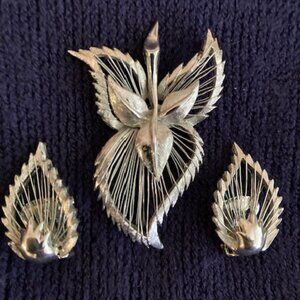 Vintage Sterling Silver Leaf Brooch & Clip-On Earrings (1950s Patent)